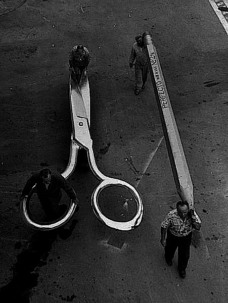 giant scissors, pencil