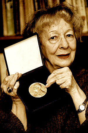 Poet Wislawa Szymborska clutching her Nobel Prize for literature medal